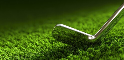 Close-up of a golf club on a vibrant green putting surface