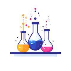 Three Colorful Flasks with Bubbles on a Dark Blue Shelf Science Theme Illustration on White Background Chemical Experiment Design