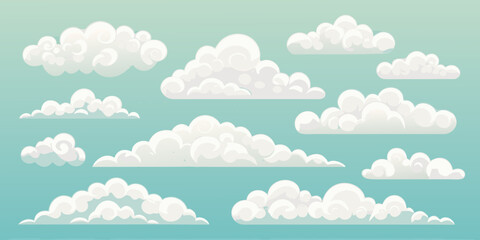 Collection of fluffy white cartoon clouds scattered across a soft blue sky background
