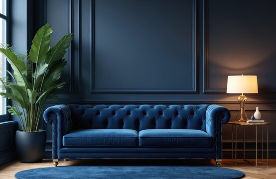 Elegant navy blue living room interior features plush velvet tufted sofa with gold accents. Large tropical plant adds touch of nature. Dark walls with classic paneling create luxurious, cosy