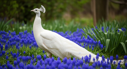 Elegant white peacock standing in a field of blue flowers