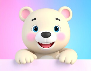 Cute cartoon bear peeking from behind a blank banner