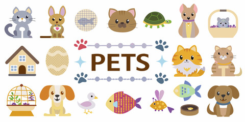 A colorful collection of adorable cartoon pets and related icons on a white background