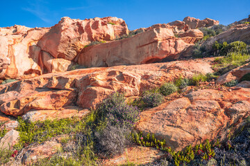 Along the Corsican west coast between Calvi and Galeria France rise striking red cliffs above the turquoise Mediterranean sea waters