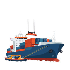 Pixel Art of Large Container Ship Being Loaded with Cargo and Small Tugboat alongside Isolated on White Background