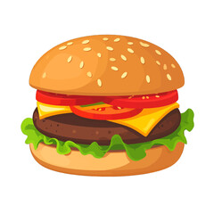 Cartoon Style Burger with Sesame Seed Bun and Fresh Vegetables on White Background