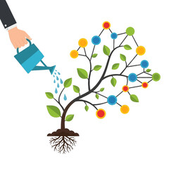 Abstract Tree with Multicolor Nodes being Watered on White Background Growth Concept