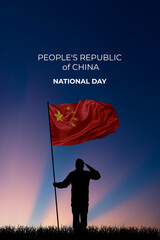 National flag of China flutters in military man hands