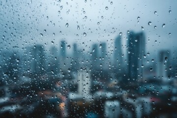 Obraz premium Rain-streaked city view through a window. Raindrops on glass obscure a cityscape of tall buildings. Blurred urban scene beyond