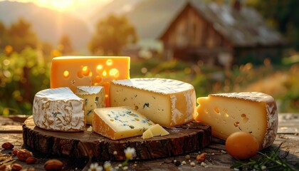 Assorted cheeses displayed on a rustic wooden platter, bathed in warm sunlight, showcasing a variety of textures and colors.