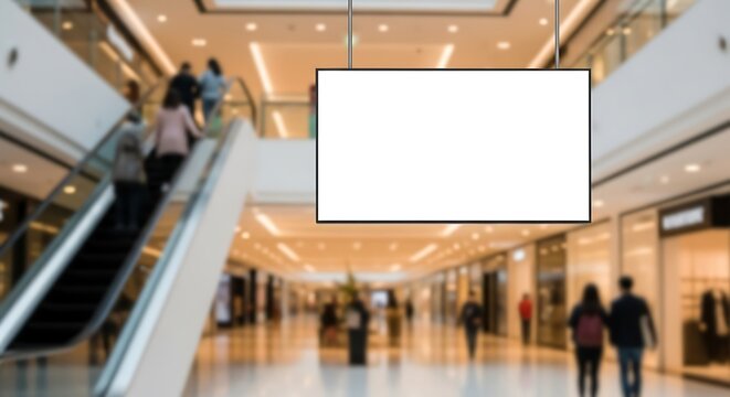 Blank white billboard hanging in blurred modern shopping mall interior - Powered by Adobe