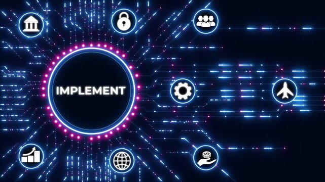 implement concept button on a futuristic. high performance. network icon.Circuit board with Technology background