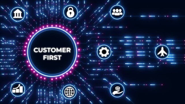 Customer First business concept.Circuit board with Technology background
