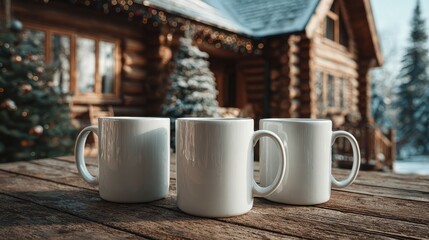 Fototapeta premium Three blank white mugs arranged in a row on wooden table with rustic log cabin Christmas background, cozy holiday scene, warm festive atmosphere and soft lighting