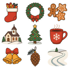Icon festive gifts cone winter christmas collection wreath mug vector tree church