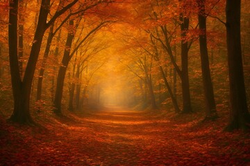 Scenic autumn forest path covered with golden red leaves under tall arching trees with warm sunlight creating a natural tunnel in cinematic perspective