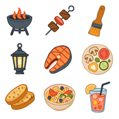 Backyard brush salmon skewer glass oil grilled vector icons pasta bbq icon