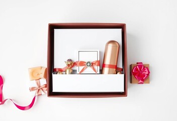 Elegant gift box set, stylish contents, white background,  elegant,  marketing