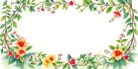 Elegant greenery & floral wreath border on watercolor background, intertwined leaves & vines,  texture,  elegant