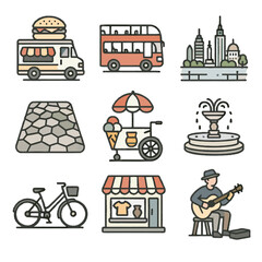 Naklejka premium View ice fountain set cream city cart cobblestone vector icon bicycle bus