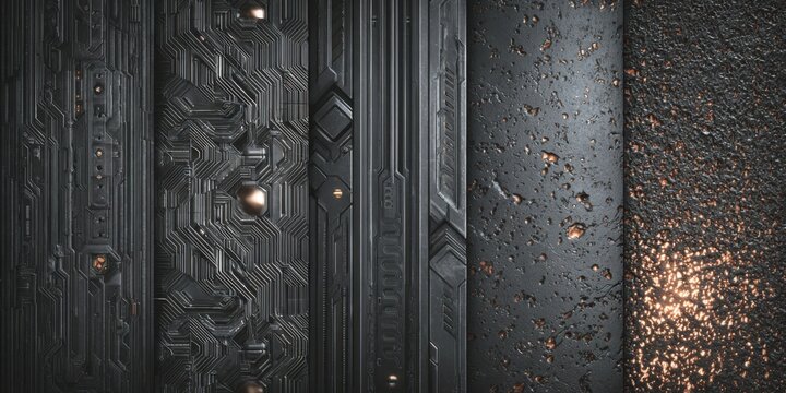 Dark, metallic panels with intricate circuitry and textured surfaces