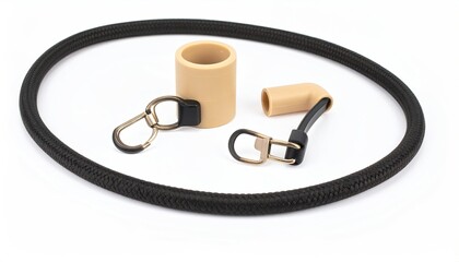 Black cord with beige attachments and metal clips