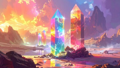 Colorful crystals stand sentinel on a vibrant, desert shore, bathed in a warm sunset glow.