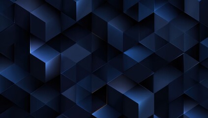 Dark, textured, abstract background of numerous interconnected cubes in shades of deep navy blue and dark indigo.  Highlights of lighter blue accent the 3D forms.  Geometric pattern