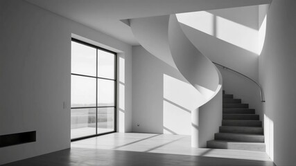 Fototapeta premium Modern Minimalist Interior with Spiral Staircase and Natural Light – Architectural Design