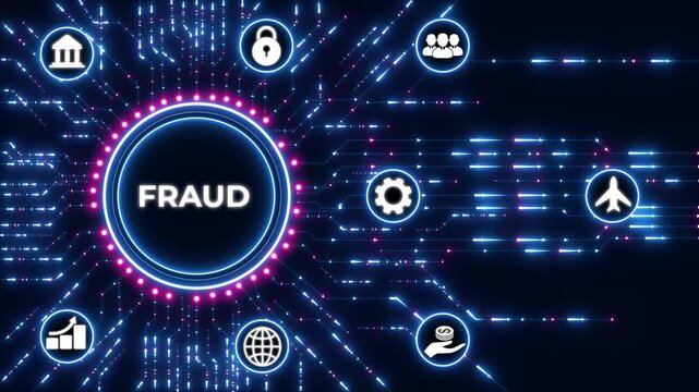 Fraud concept button.Circuit board with Technology background