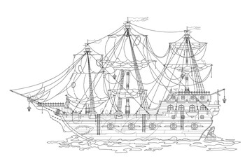 Outline sketch, of the old pirate ships. Coloring coloring book for adults. Black and white illustration