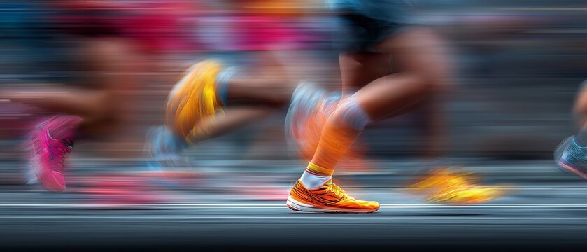 Runners' legs blurred during a city marathon.