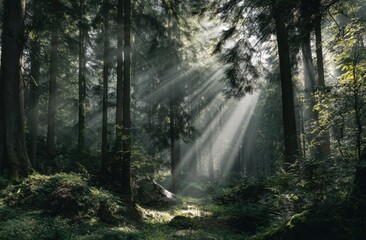 Obraz premium Sunlight streams through a dense forest. Sunlight rays pierce the canopy, illuminating a path through the woods. Damp earth and moss-covered rocks are visible