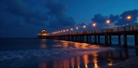 Obraz premium Romantic pier lights illuminate the night, casting a warm glow on the calm ocean waters Perfect for travel, vacation, coastal, and nautical themes , light, romantic