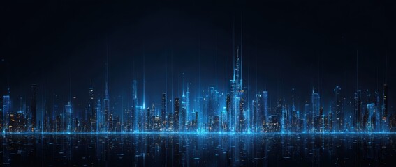 Futuristic city skyline at night, illuminated by blue digital lines