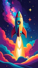 Colorful rocket blasting through vibrant nebula