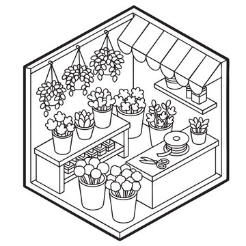 Isometric Flower Shop Coloring Page &ndash; Buckets of Blooms, Ribbon, Scissors, Awning, Vector
