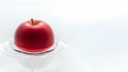 A single, ripe red apple creates subtle ripples as it sits in water, symbolizing freshness and purity