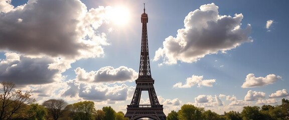Iconic Paris tower basking in sunlight, fluffy clouds overhead Stunning vector art, landmark, eiffel