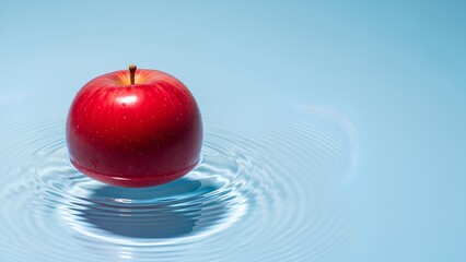 Red Apple Floating in Rippling Water with Soft Blue Background A Refreshing and Pure Image