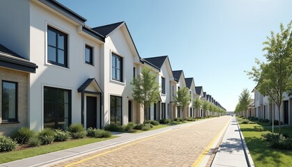 Modern townhouses line a sunny residential street with landscaping and trees. Contemporary architecture and suburban design define this neighborhood property development.