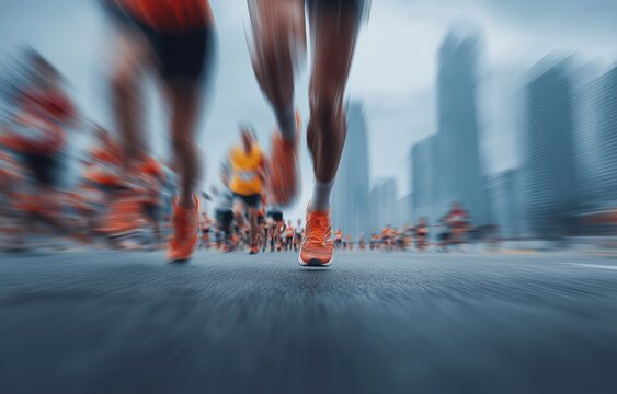 Runners' legs blurred during a city marathon.