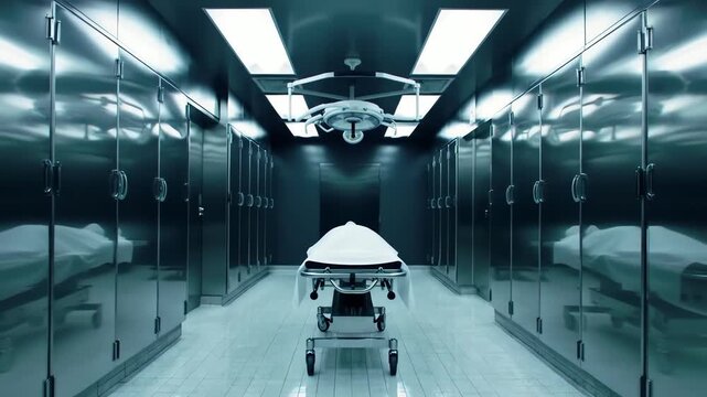 A stark perspective Hospital gurney in a modern mortuary setting with clinical precision