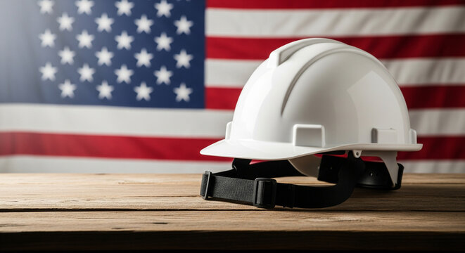 Labor day construction worker hard hat american flag banner - Powered by Adobe