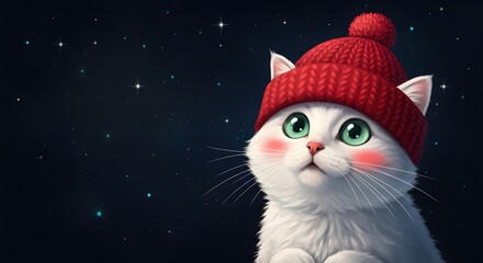 White Fluffy Cat Under Starry Sky in Warm Red Beanie