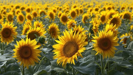 Fototapeta premium Sunny sunflower field. Vast expanse of vibrant yellow sunflowers. Natural light highlights the blossoms. Green leaves and stems visible