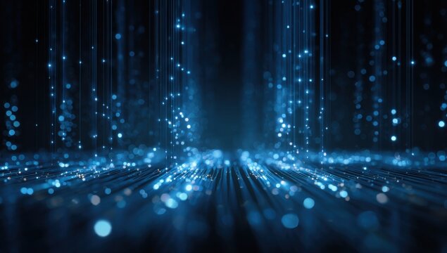 Abstract digital network.  Particles of light in a deep blue digital space.  Lines of glowing particles extend from the top to the bottom, creating a sense of depth and connection