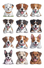 A set of illustrations with cute cartoon puppies for postcards, stickers and other designs on a white isolated background. Vector graphics. EPS.