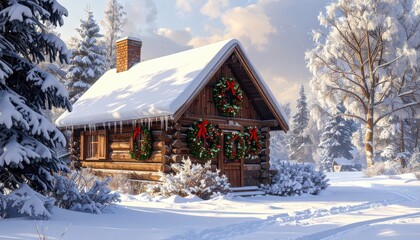 A charming log cabin nestled in a snowy forest, adorned with festive Christmas wreaths, evokes a peaceful winter scene.