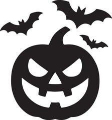 Silhouette of a pumpkin with bats flying, perfect for Halloween and spooky design projects.